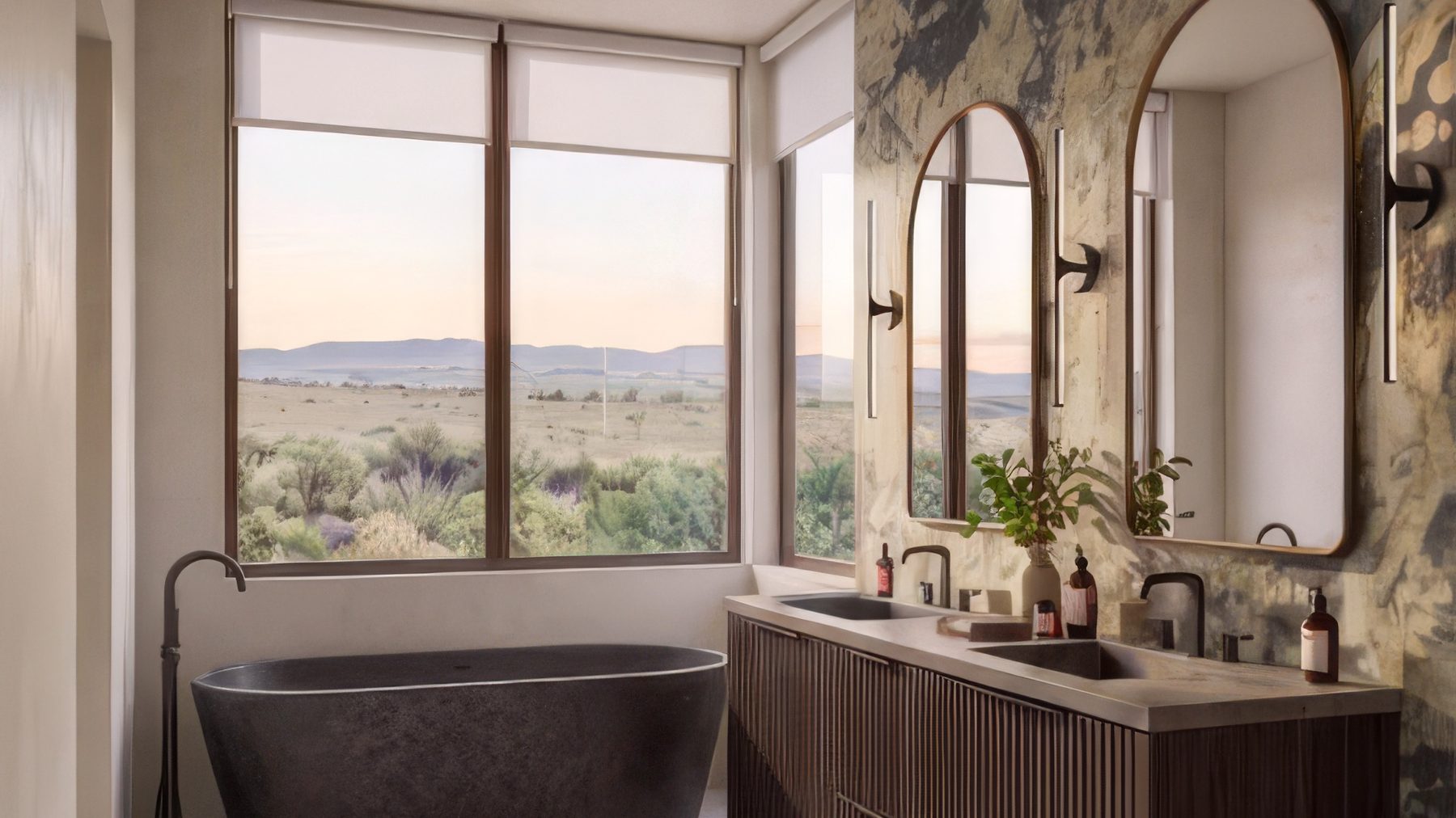 Rendering of the primary bath, with a freestanding tub set below the window and a stone wall behind the vanity.