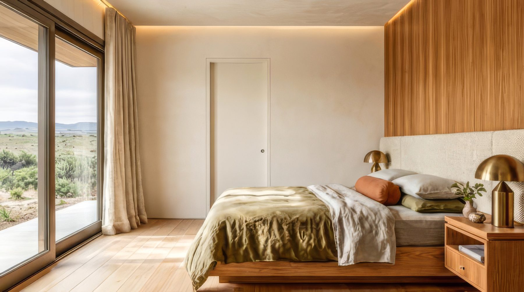 Rendering of the primary bedroom, with a wood panelled headboard wall and glass opening to the meadow.