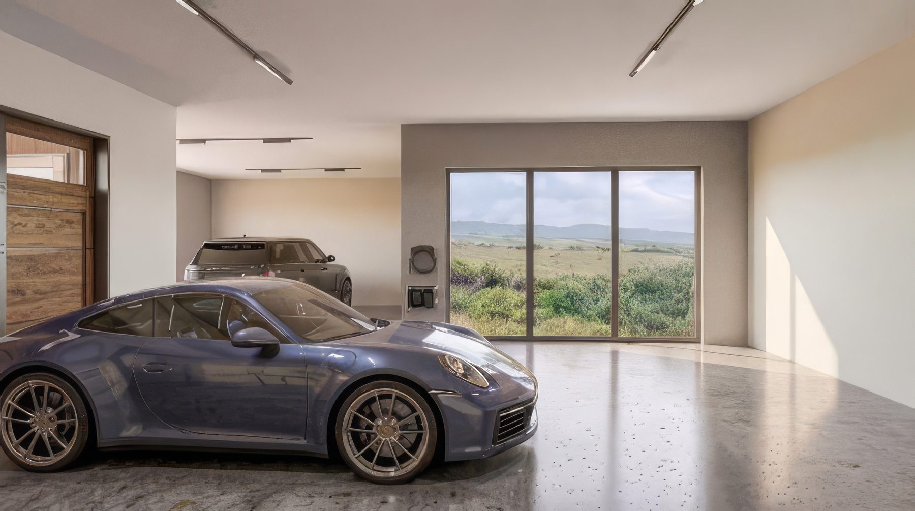 Rendering of the garage, with a glazed opening to the meadow beyond.