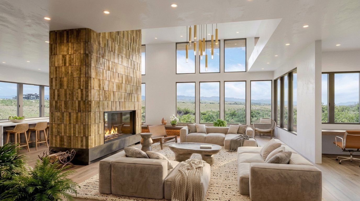 Rendering of the great room from the kitchen end, with the fireplace at centre and the window wall beyond.