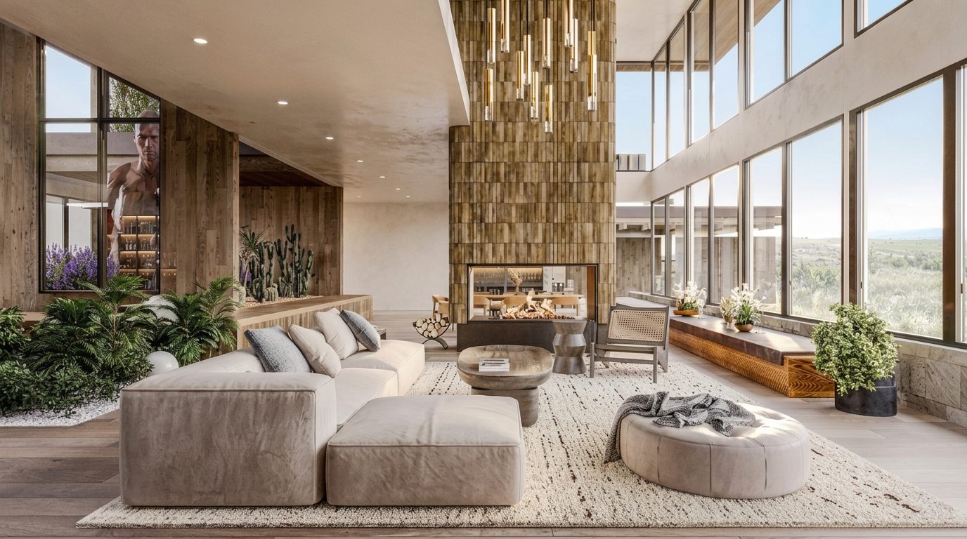 Rendering of the great room, with a two-storey fireplace and a glass wall to the meadow.
