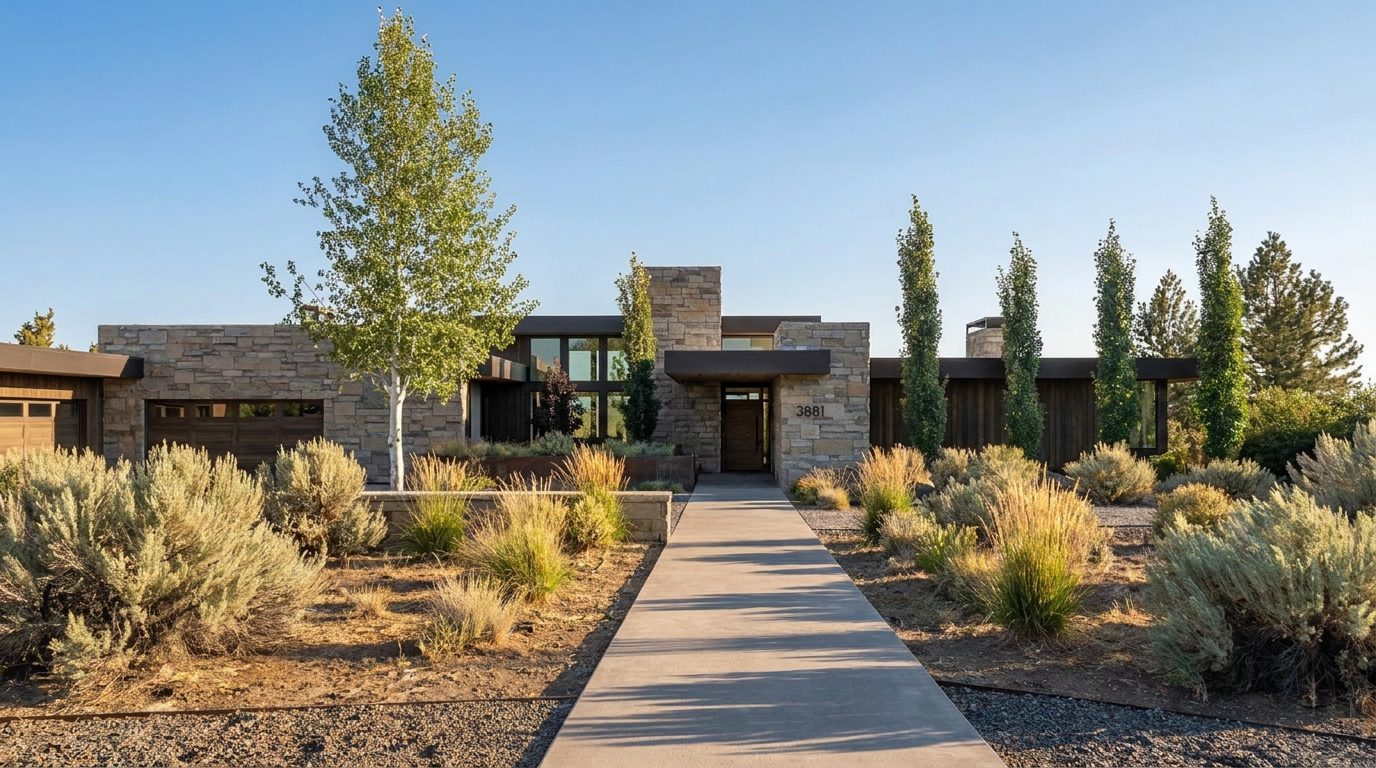 Rendering of the designed home on Lot 21, seen along the entry walk with native planting either side.