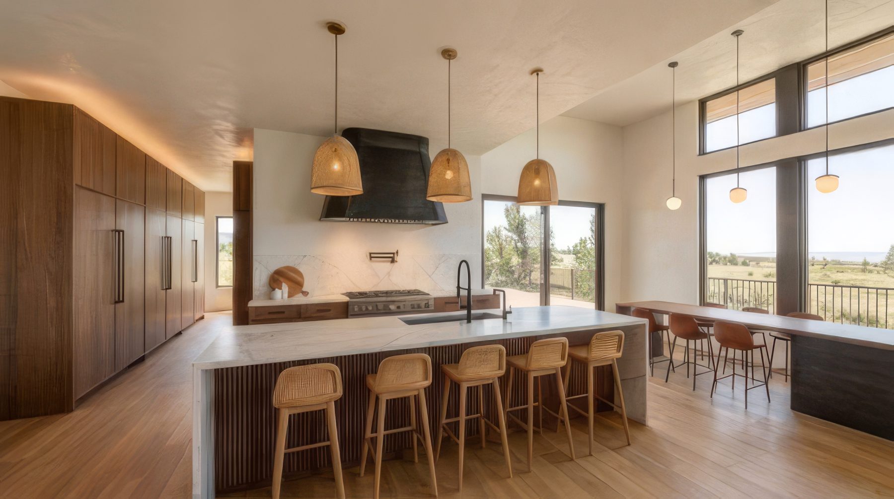 Rendering of the kitchen, with a stone island, walnut cabinetry, and the range wall beyond.