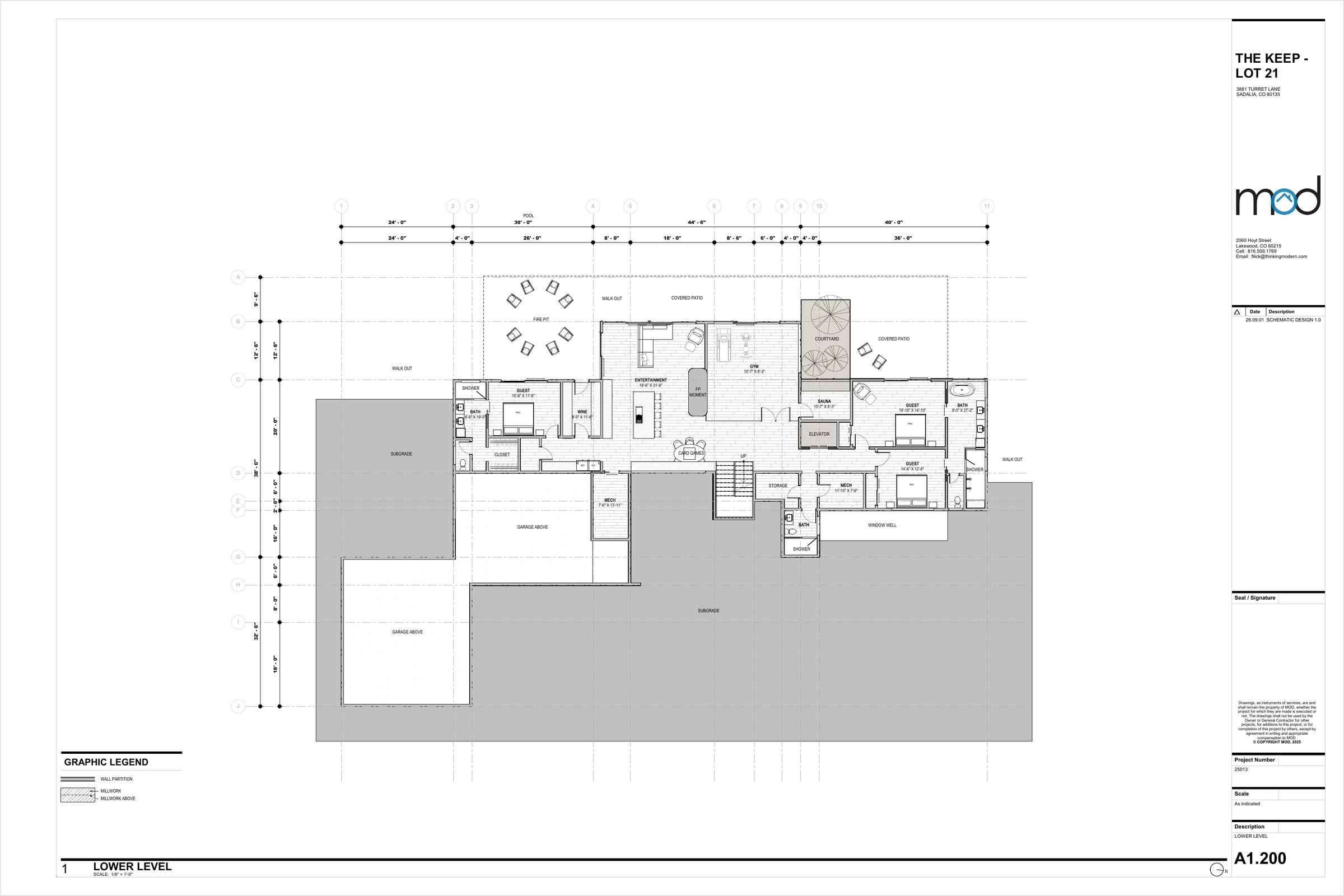 Lower level floor plan, sheet A1.200, showing the entertainment room, guest suites, wine room, gym and sauna, and the walk-out patios.