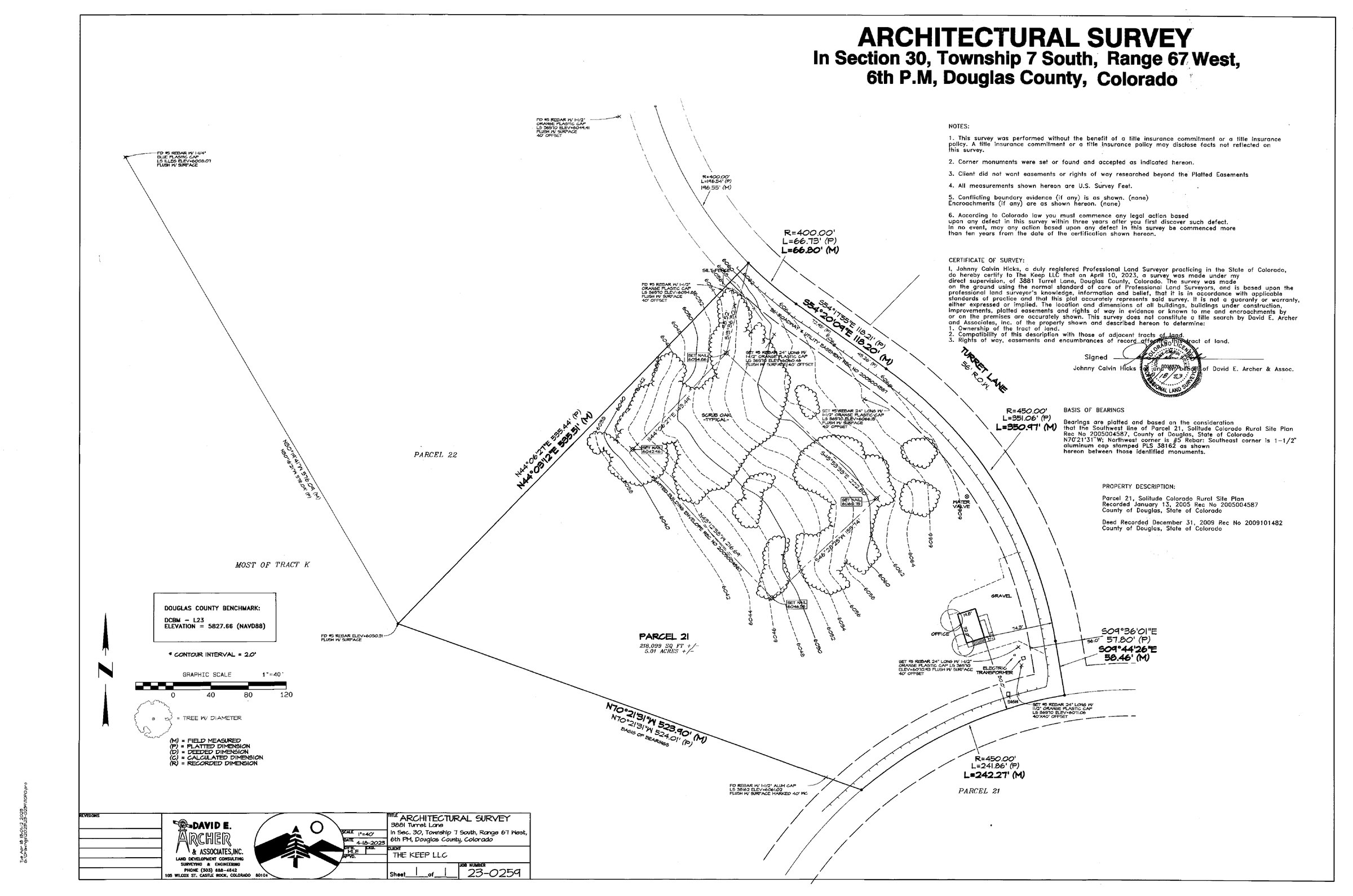Architectural survey of Parcel 21 showing boundaries, contours, trees, and the Turret Lane frontage.